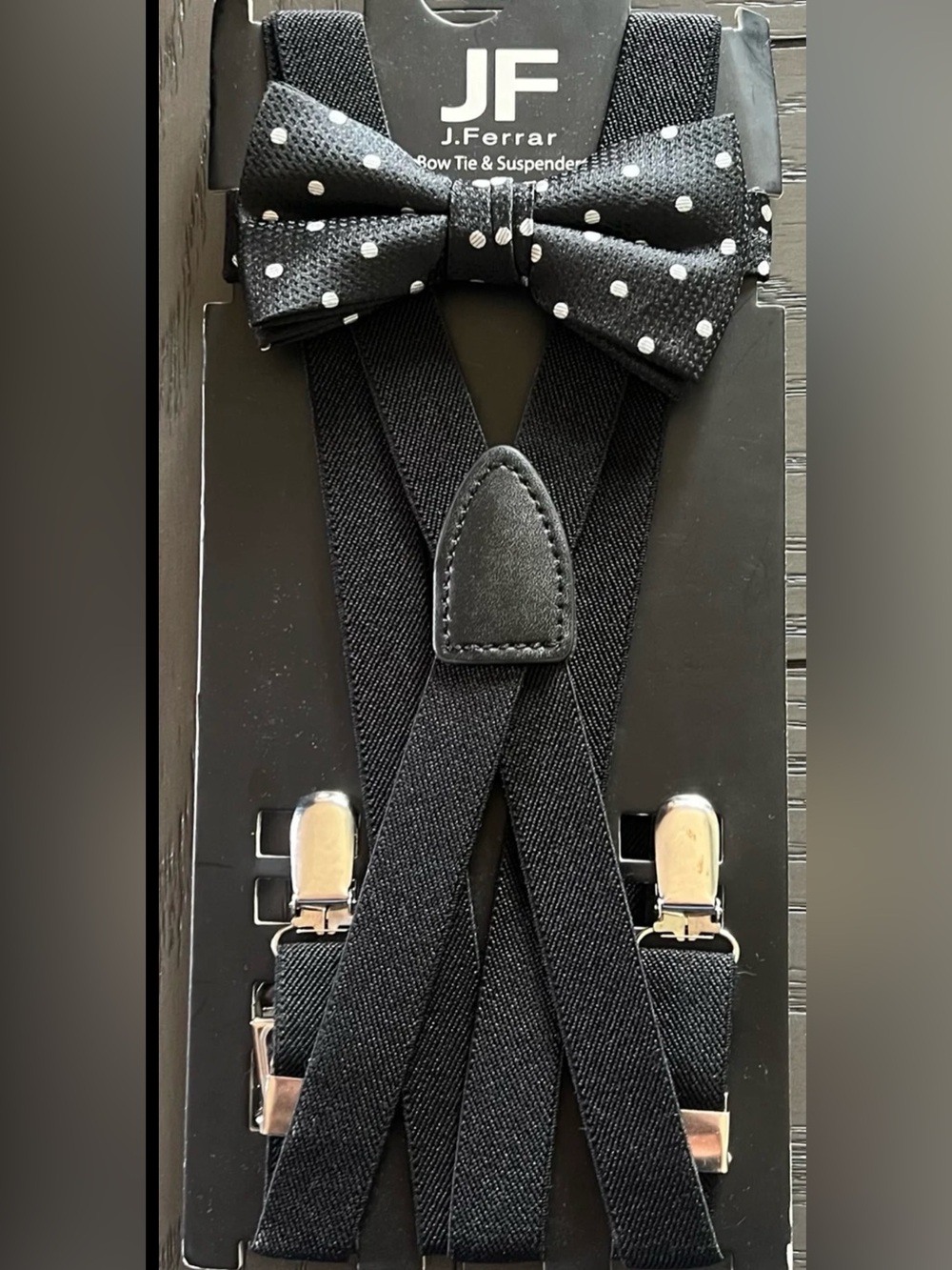 J. Ferrar Men’s Black Suspenders & Black + White Polka Dot Bow Tie Set Brand New